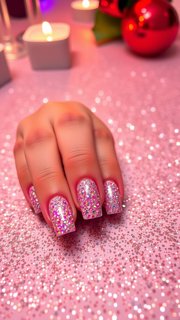 A hand with sparkling glitter French tip nails on a glittery pink surface, surrounded by candles and festive decorations.