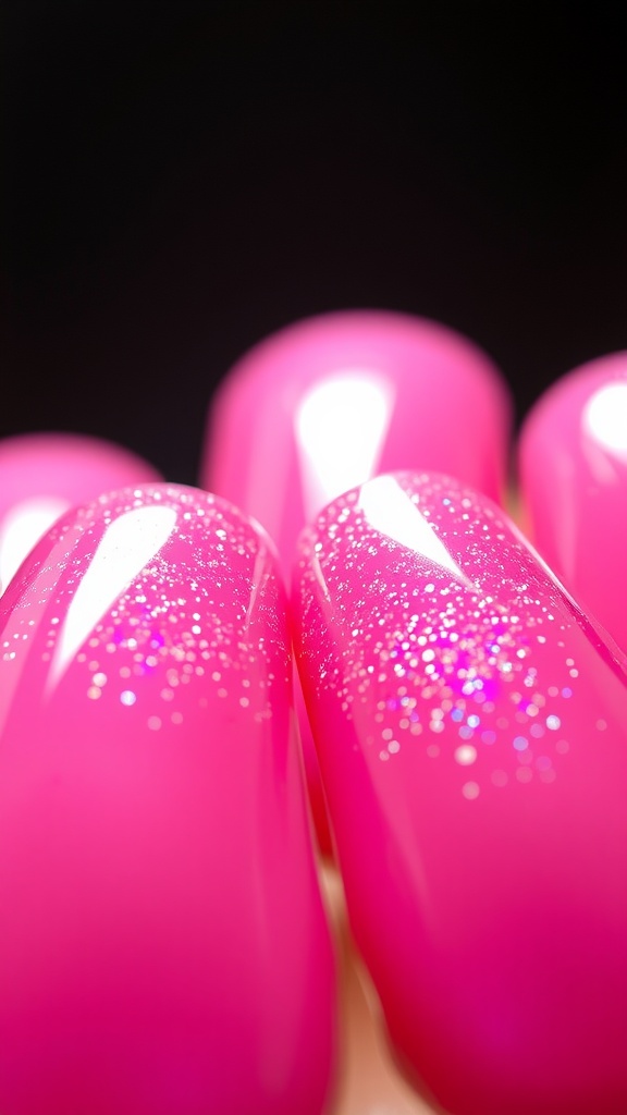 Close-up of pink French tip nails with a sparkling glitter overlay