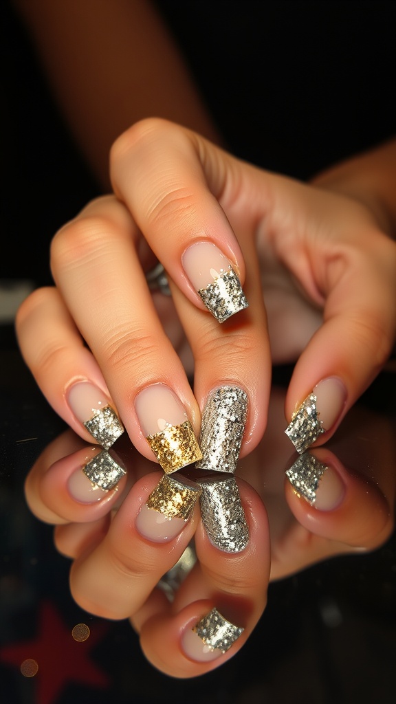 Close-up of cute short acrylic nails with sparkling glitter tips in gold and silver.