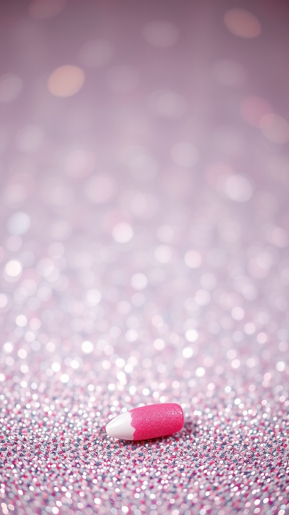A close-up of a pink nail tip with glitter on a sparkling background.