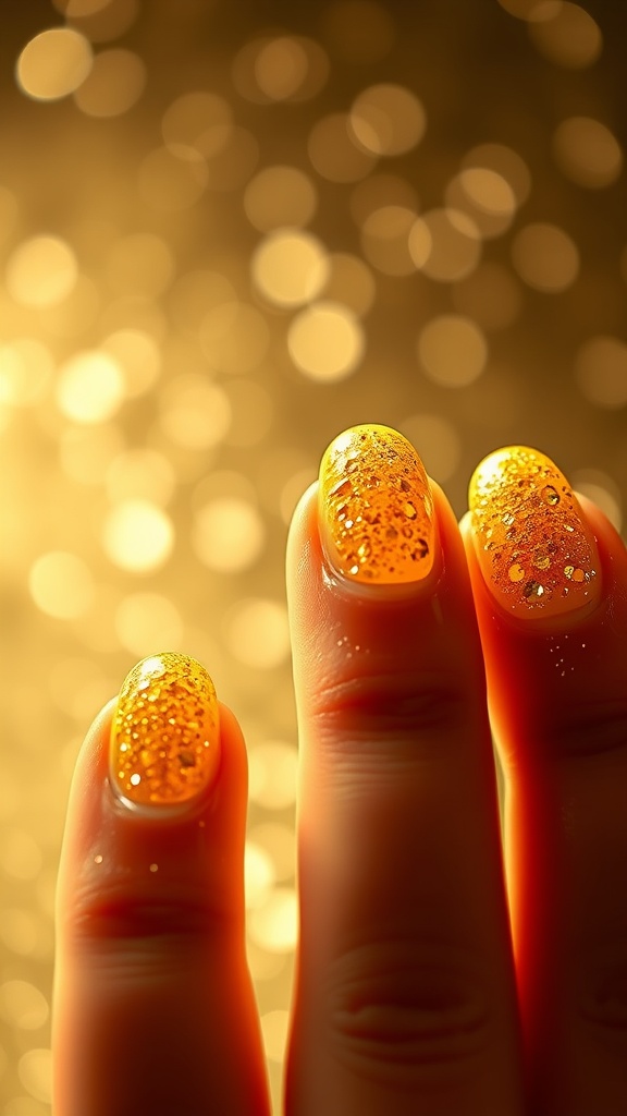 Sparkling glitter yellow almond nails close-up