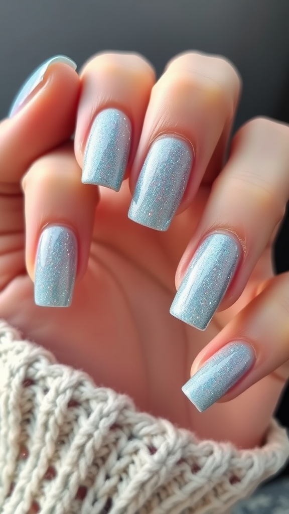 Close-up of light blue glitter French tip nails with a soft background