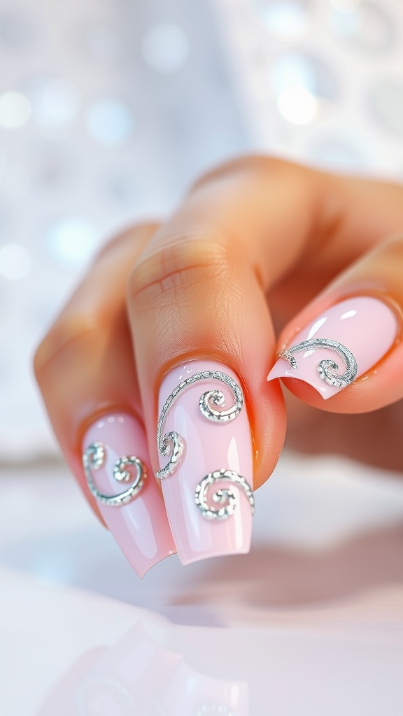 Short light pink chrome nails with silver swirls design
