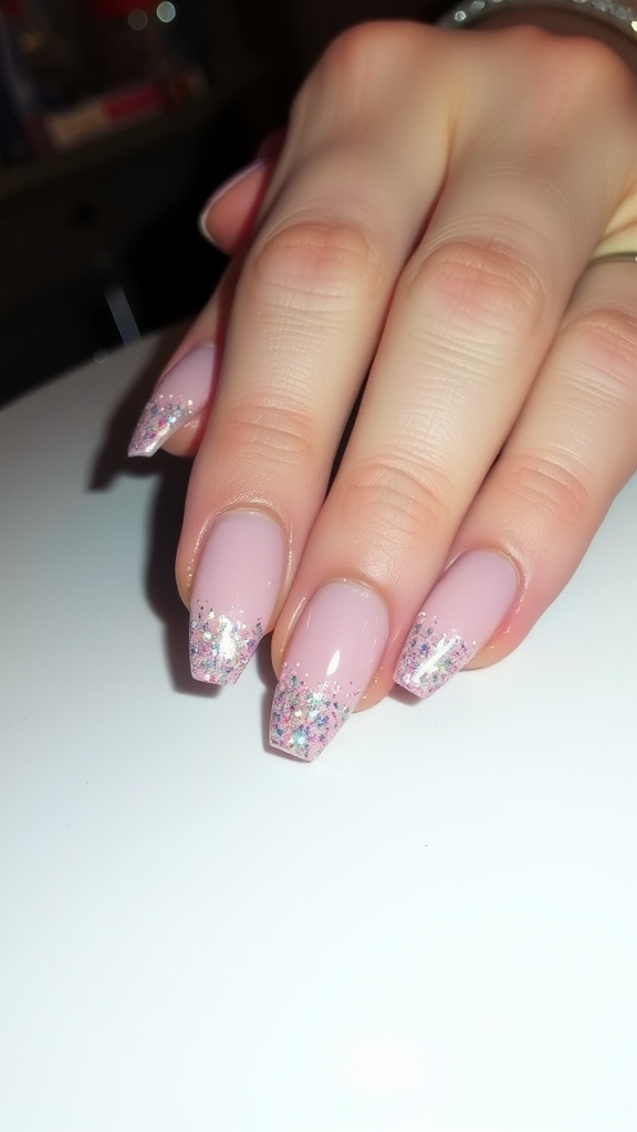 Almond-shaped nails with a shimmering pink glitter fade design, showcasing a soft pink base and glitter tips.
