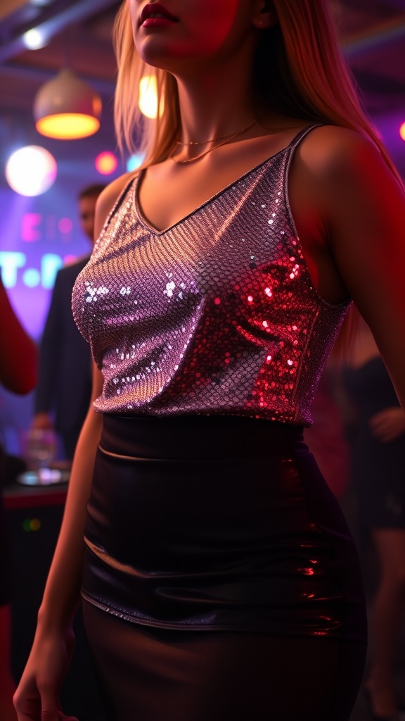 A woman wearing a sparkling sequin top and a high-waisted skirt at a nightclub.