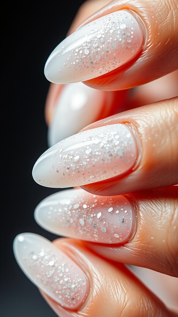 Close-up of hands with beautifully manicured white nails featuring sparkling silver glitter.