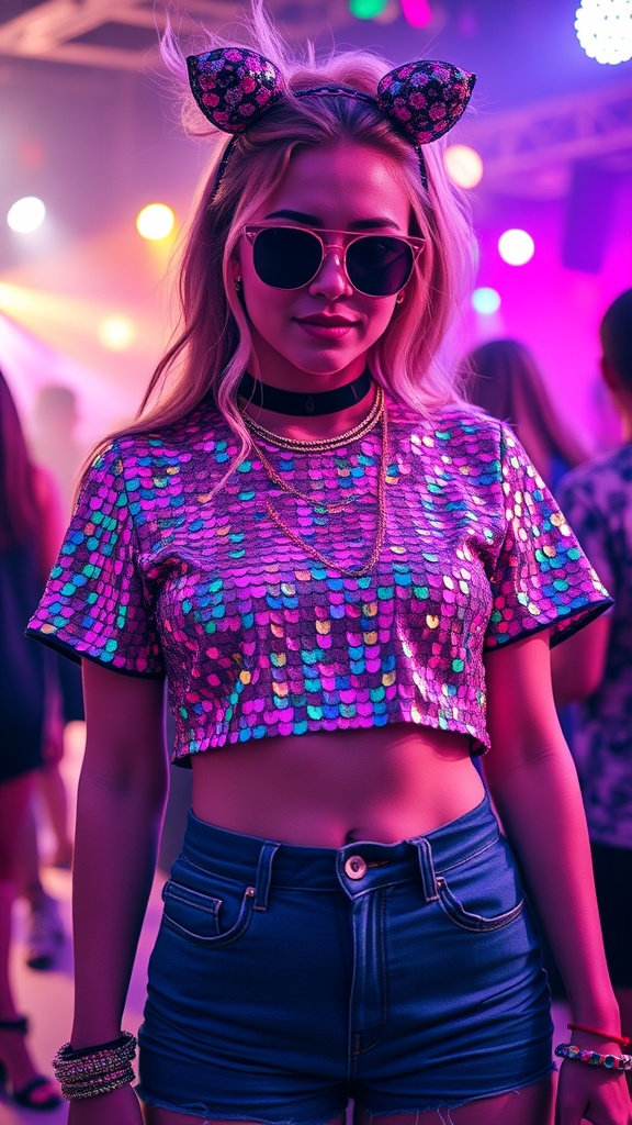 A model wearing a sparkly pink and purple crop top with cat ears and sunglasses at a rave.