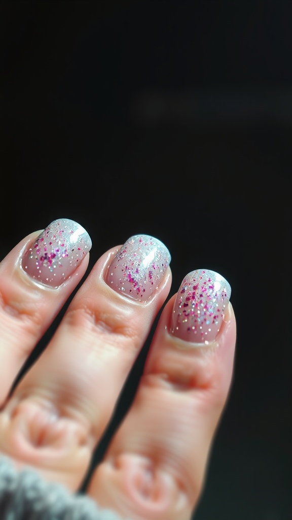 Close-up of nails featuring sparkly glitter French tips with a soft pink base.