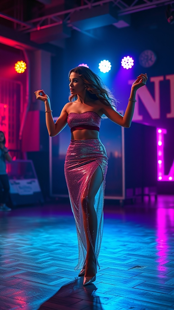 A woman wearing a sparkly sequin skirt and crop top, dancing in a vibrant nightclub setting.