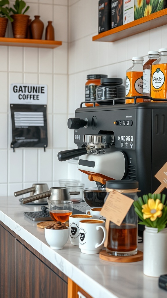A cozy specialty coffee station with a sleek coffee machine, jars of coffee beans, and decorative cups.