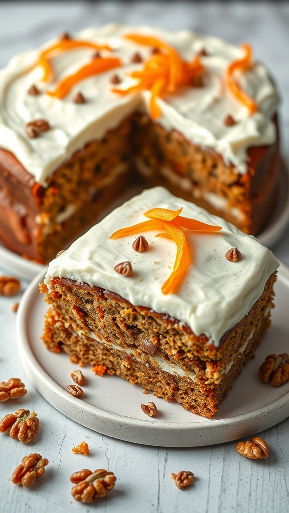 A slice of spiced carrot cake with walnuts topped with cream cheese frosting and garnished with orange peel and nuts.