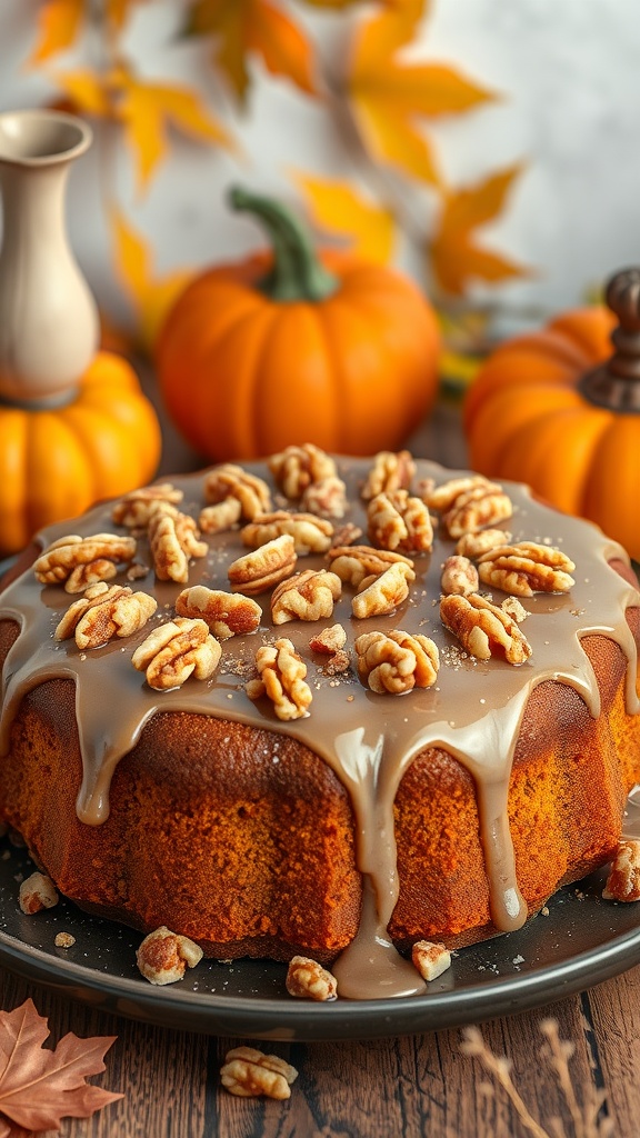 A beautifully decorated spiced pumpkin cake topped with maple glaze and walnuts.