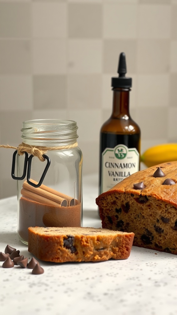 Sliced chocolate chip banana bread with chocolate chips and cinnamon in view.