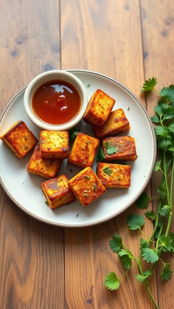 A plate of crispy baked tofu nuggets with a dipping sauce and cilantro sprigs.