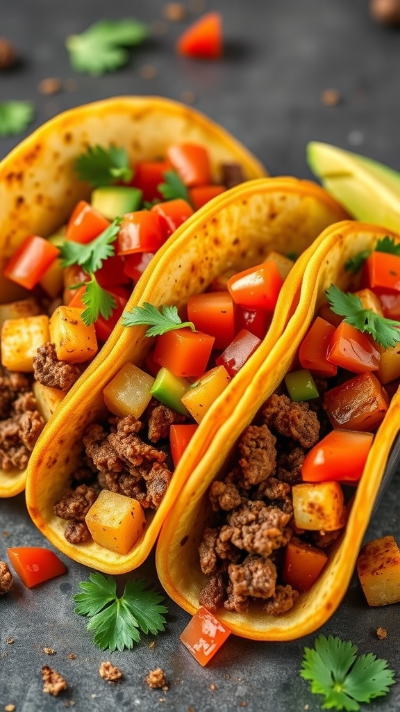 Delicious spicy beef and potato tacos garnished with fresh vegetables and cilantro.