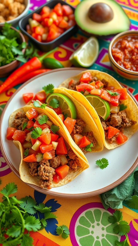 Spicy beef tacos topped with fresh salsa on a colorful table.
