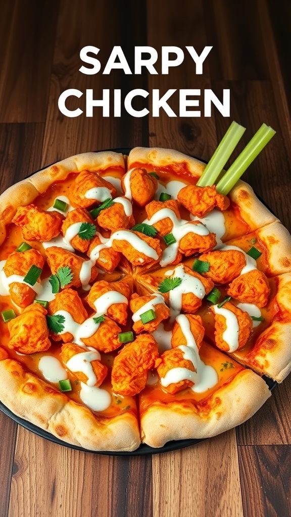 A delicious pizza topped with spicy buffalo chicken, ranch drizzle, and garnished with green onions and cilantro.