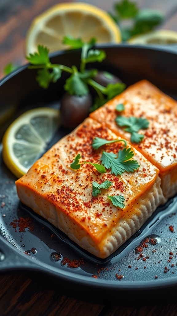 Seasoned salmon fillets with Cajun spices and lemon slices on a serving plate