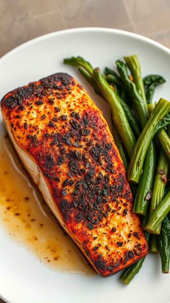 A perfectly cooked Spicy Cajun Blackened Salmon fillet served with green beans.