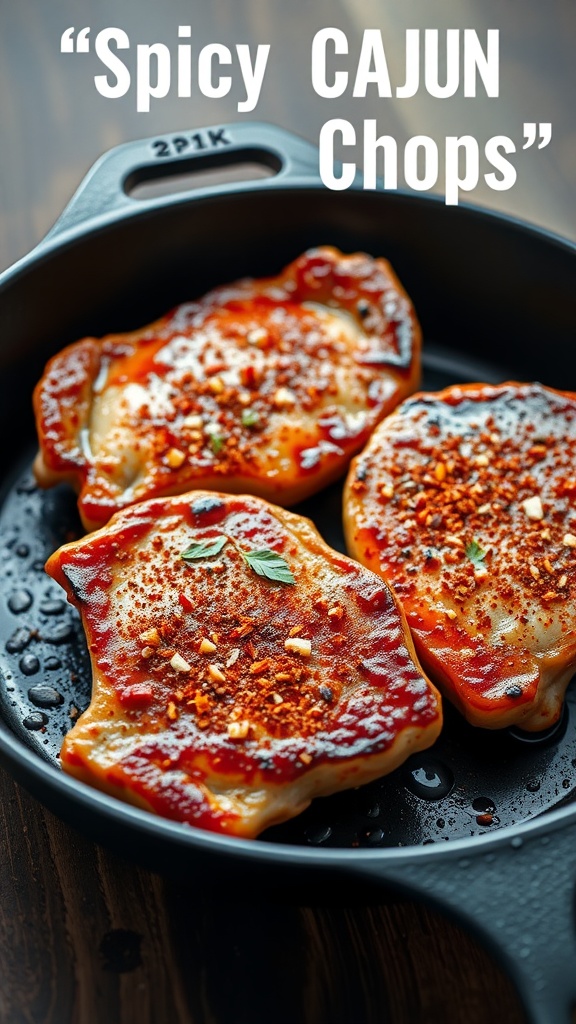 Spicy Cajun Boneless Pork Chops in a skillet