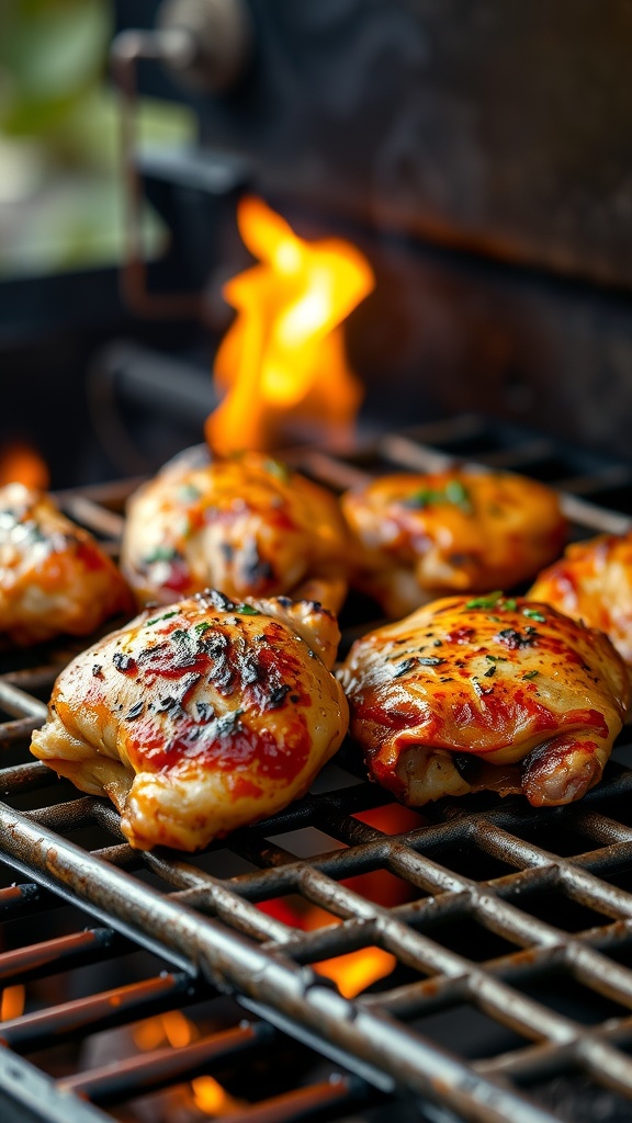 Grilled spicy Cajun chicken thighs on a barbecue grill