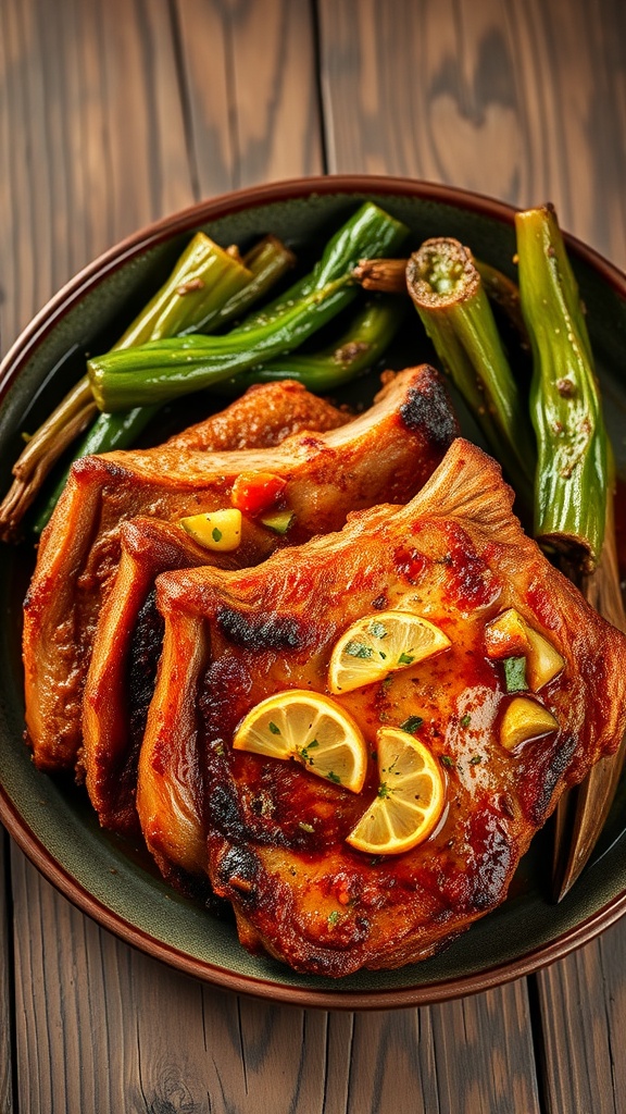 Delicious spicy Cajun pork chops garnished with lemon slices
