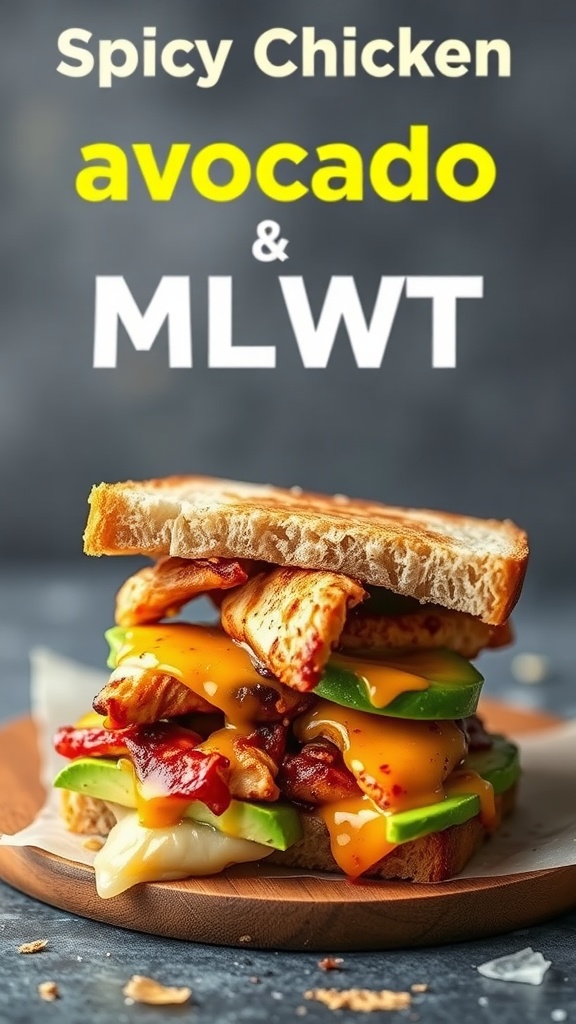 A delicious Spicy Chicken and Avocado Melt sandwich stacked high with layers of chicken, avocado, and cheese