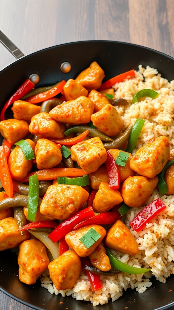 A colorful dish of spicy chicken and rice stir-fry with bell peppers.