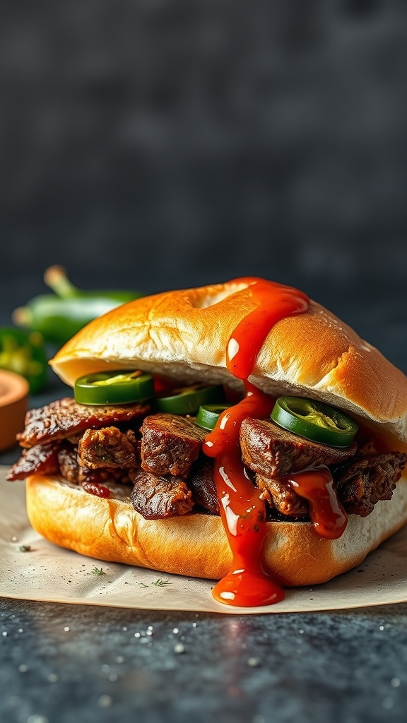 A spicy chipotle steak sandwich with jalapeños and ketchup