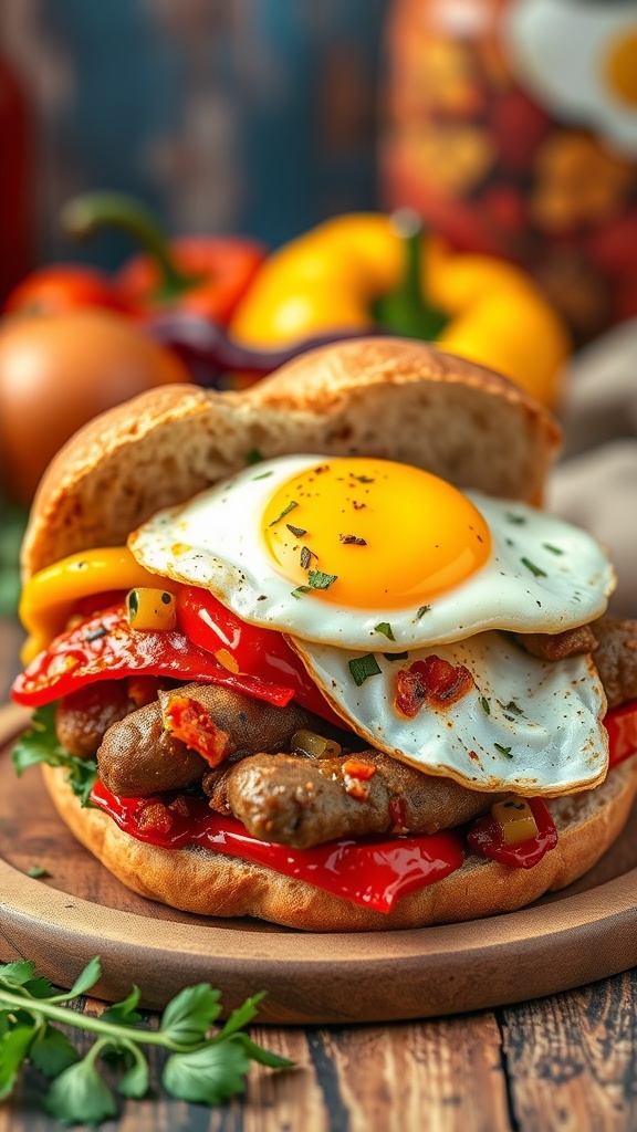 A delicious breakfast sandwich featuring chorizo, bell peppers, and a fried egg.