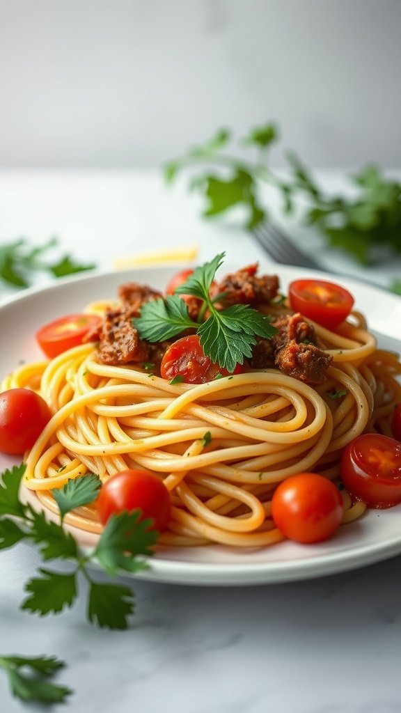 A plate of spaghetti with spicy chorizo and cherry tomatoes, garnished with parsley.