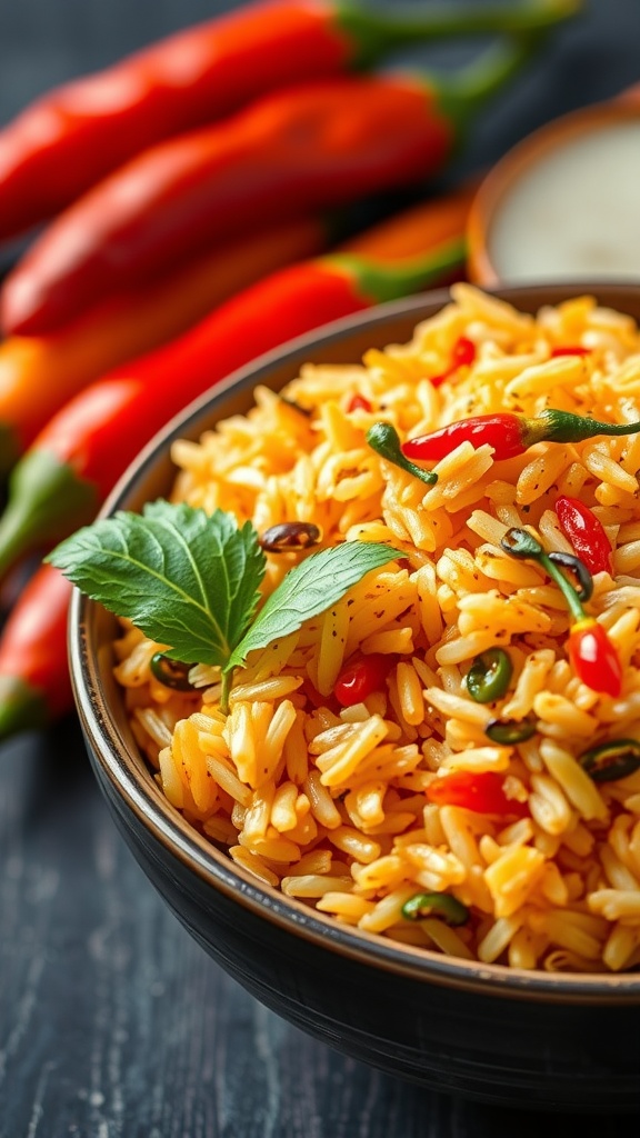 A vibrant bowl of spicy coconut rice garnished with fresh herbs and chili slices.