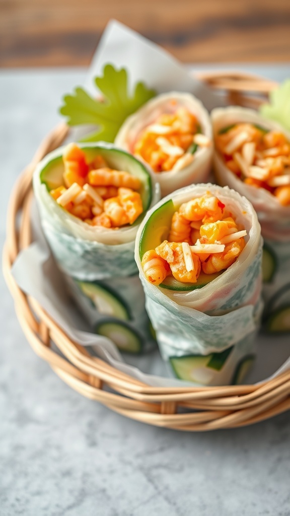 Delicious spicy crab hand rolls served in a basket with fresh ingredients.