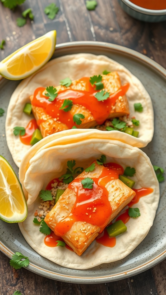 Delicious spicy salmon tacos with Sriracha sauce, fresh cilantro, and lime wedges