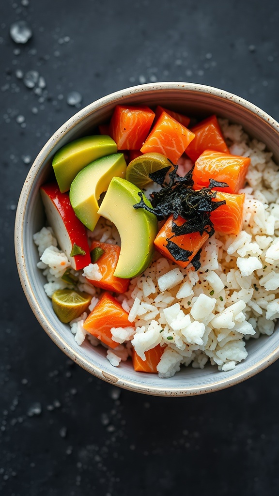 A colorful Spicy Salmon Sushi Bowl with rice, salmon, avocado, and vegetables.