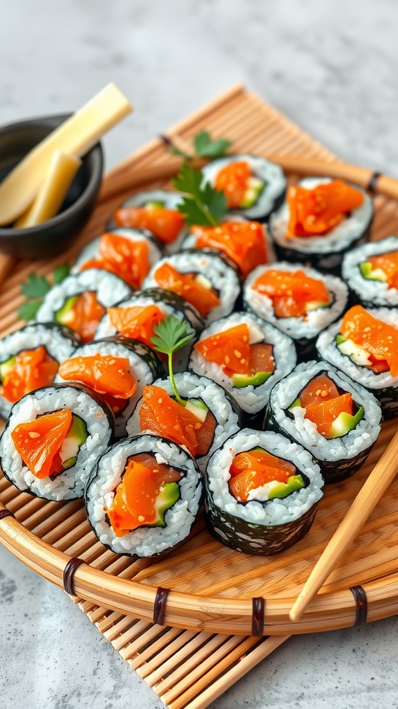 A plate of spicy salmon sushi rolls with salmon, cucumber, and rice, served with chopsticks and pickled ginger.