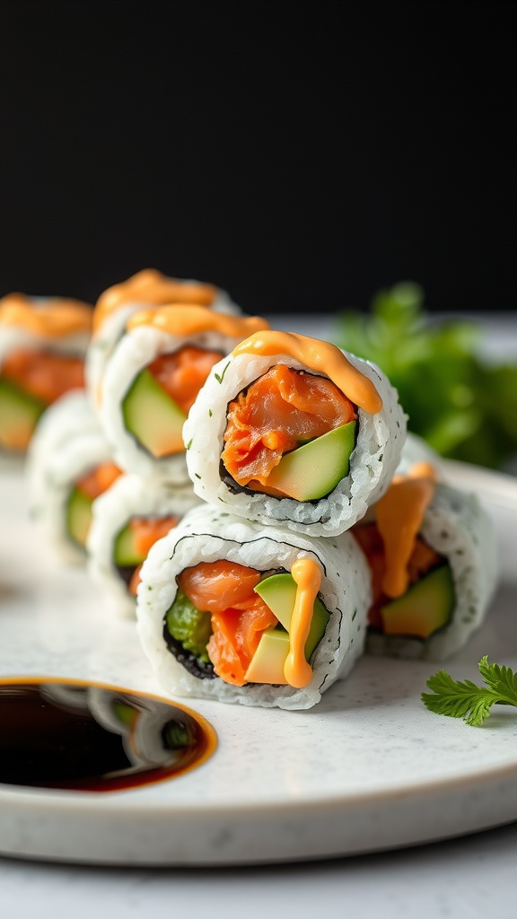 Spicy salmon sushi rolls arranged on a plate with dipping sauce