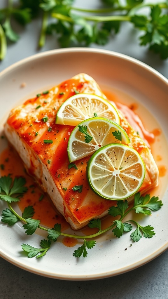 Plate of Spicy Sriracha Lime Salmon garnished with lime and cilantro