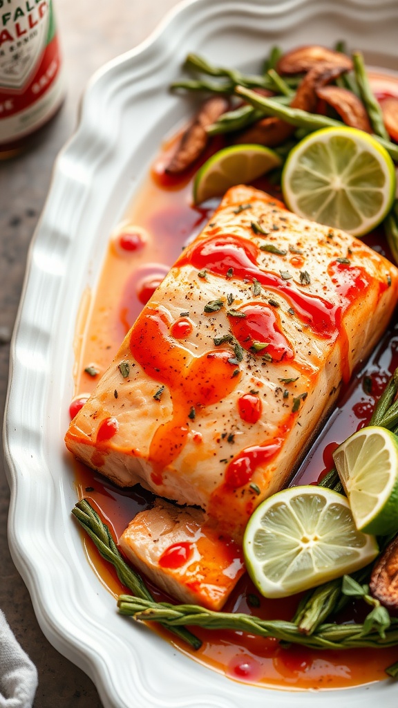 Baked salmon fillet with spicy sriracha and maple glaze