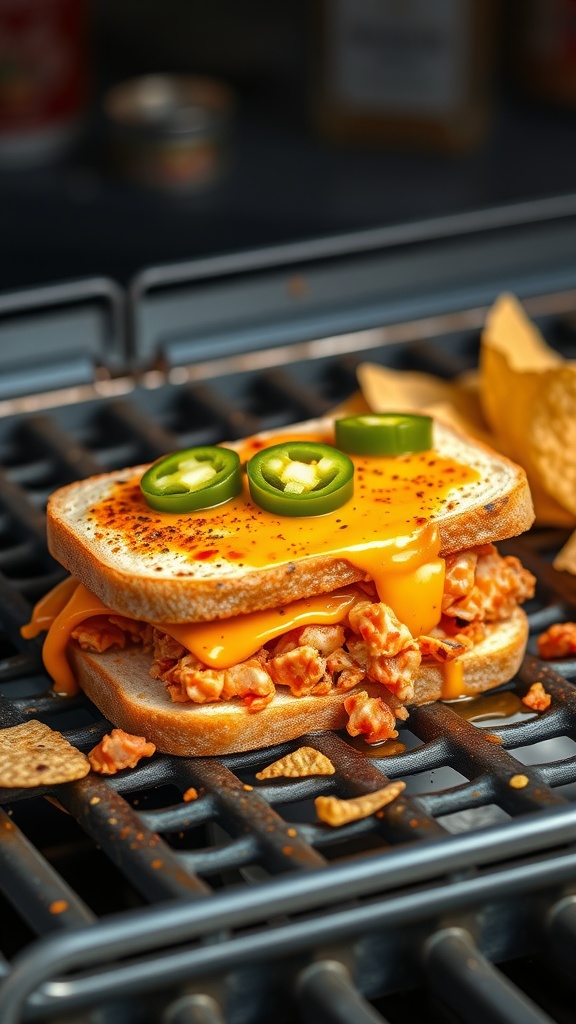 A spicy Sriracha tuna melt sandwich with melted cheese and jalapeños.