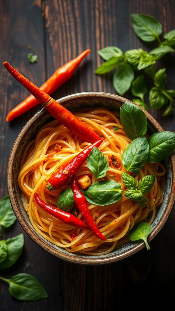 A bowl of spicy Thai basil rice noodles with fresh chilies and basil leaves.