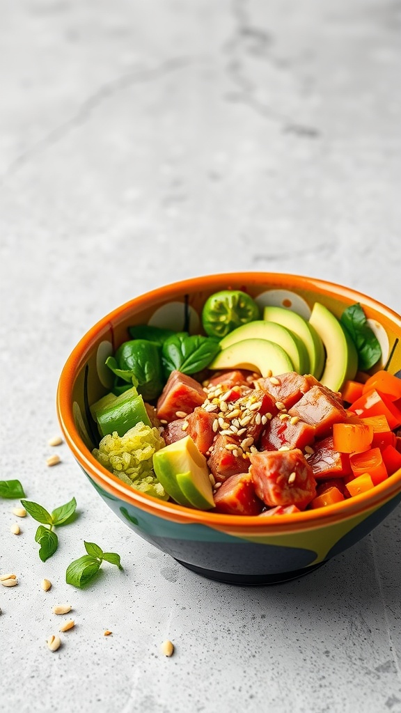 A colorful Spicy Tuna Poke Bowl with tuna, avocado, vegetables, and sesame seeds.