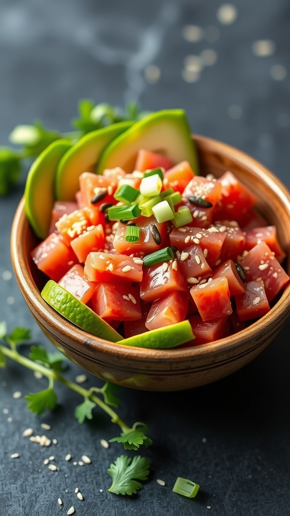 A bowl of Spicy Tuna Tartare with Avocado, garnished with sesame seeds and green onions.