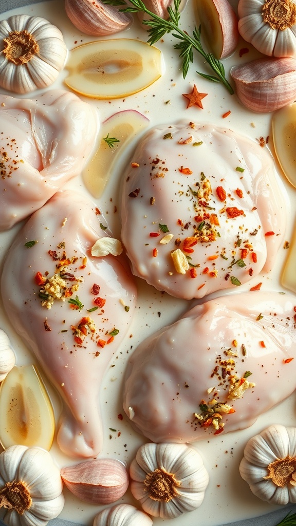 A bowl of chicken breast pieces coated in a spicy yogurt and garlic marinade with garlic cloves around it.
