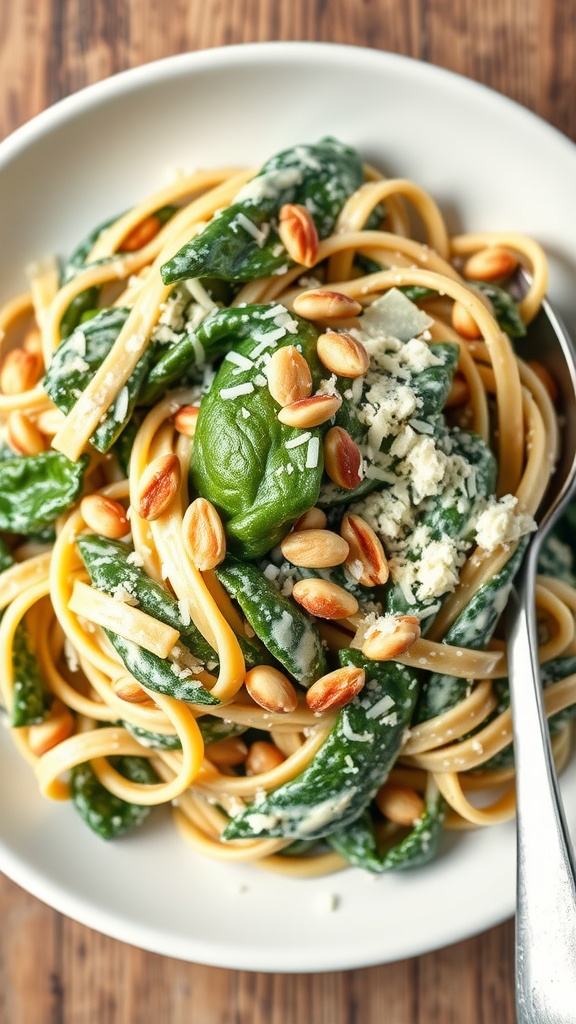 A bowl of creamy spinach and ricotta pasta topped with toasted pine nuts.