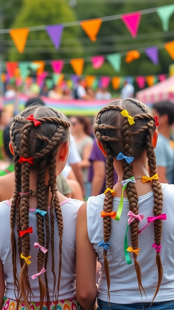 Two girls with spiral braids decorated with colorful ribbons at a festival.