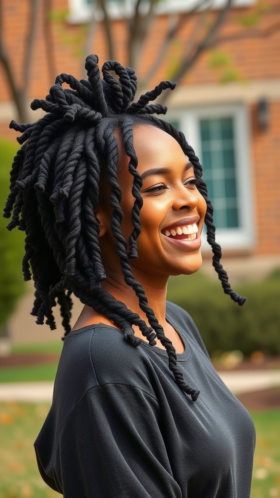 A person with spiral locs smiling outdoors, showcasing a playful hairstyle.