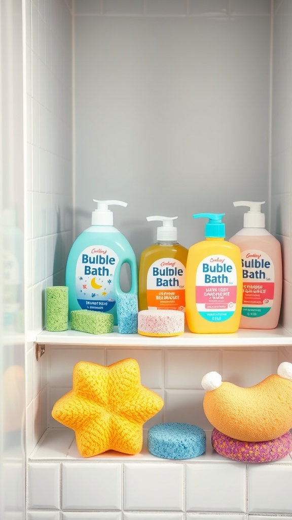 Colorful kids bathroom shelf featuring various bubble bath products and colorful sponges
