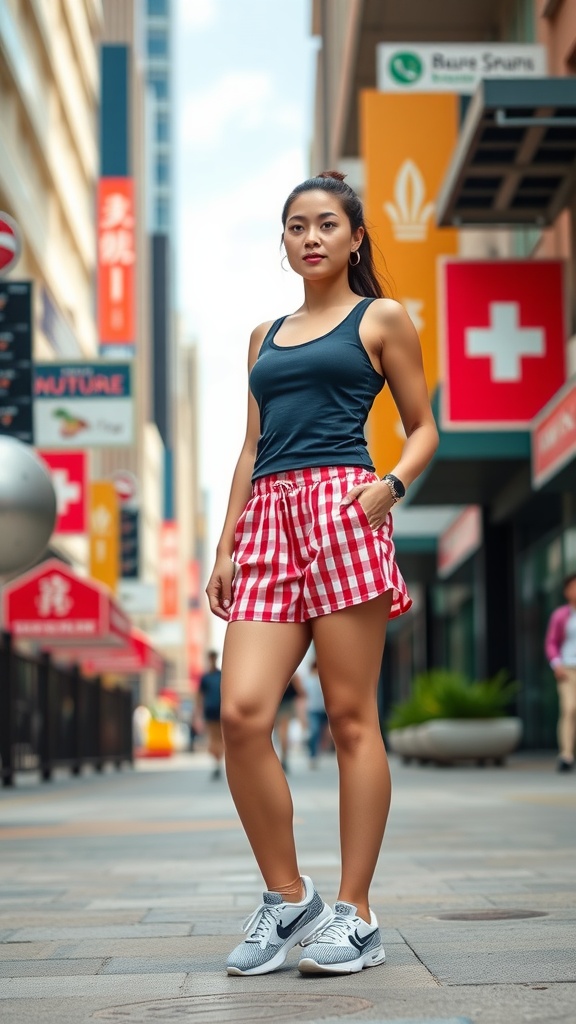 A woman wearing red gingham shorts and a black tank top, standing confidently in a city street.
