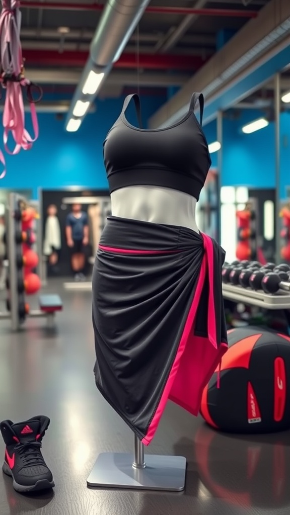 A sporty athletic wrap skirt displayed on a mannequin in a gym setting, featuring black fabric with pink accents, paired with a black athletic top and stylish sneakers.